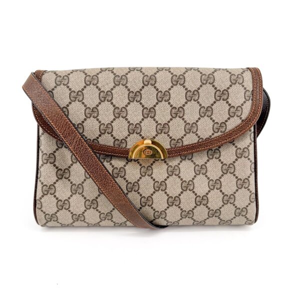 Gucci Vintage GG Monogram Crossbody Shoulder Flap Bag Beige Coated Canvas Brown - Picture 1 of 15